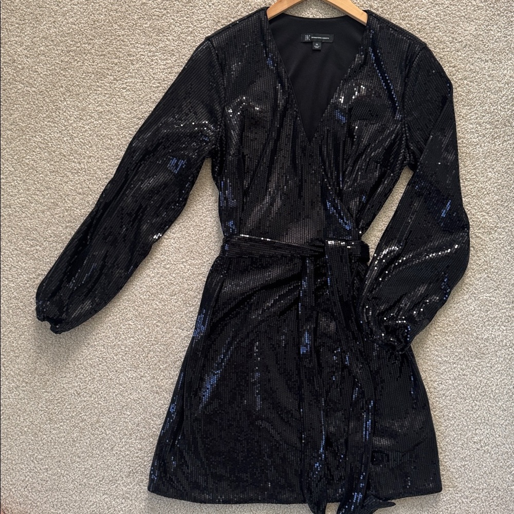 INC Women long sleeve mini wrap Black Sequin Dress XSmall aprox.36.5  in length